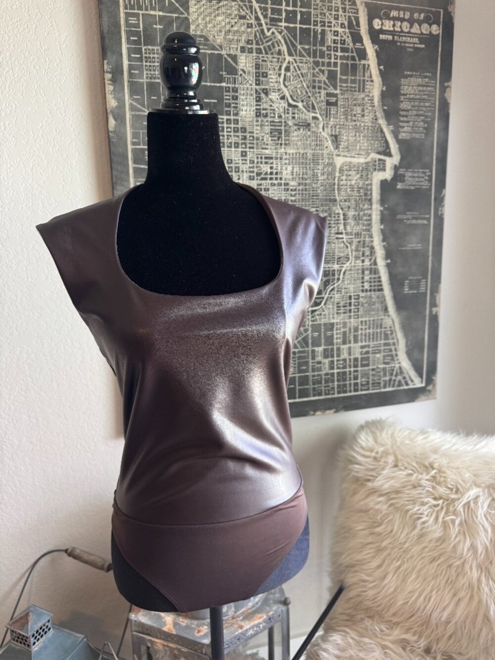Size M - Express Chocolate Colored Faux Leather Bodysuit
